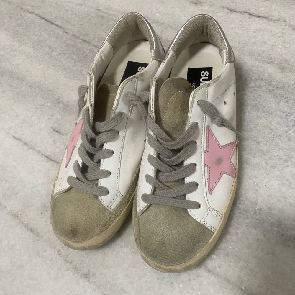 Golden Goose White Leather Sneakers with Pink Star and Silver Heel - Picture 2 of 3